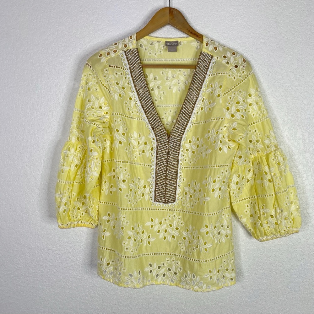Chico’s Yellow Eyelet Beaded Blouse Top